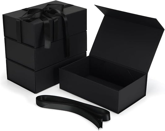 Ditwis 4 Pack 9.5x6x3 Inches Gift Boxes with Magnetic Closure Lids, Black Magnetic Box with Ribbon for Wedding, Groomsmen Bridesmaid Proposal, Birthdays, Mother's Day