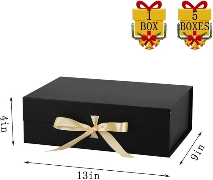BoxSkivra Large Gift Boxes with Lids 5 Pack 13X9X4 Inch Large Black Gift Box with Ribbon Foldable Gift Boxes for Presents、Father's Day 、Groomsman Proposal Box、Shredded Paper Filler & Cards