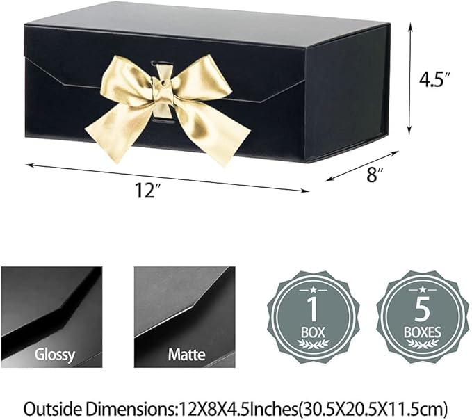 Black Gift Boxes with Lid, 12x8x4.5 Inches, Large Gift Boxes with Ribbon, Birthday Gift Boxes, Bridesmaid Proposal Boxes, Gift Boxes for Women shoes (Glossy Black)