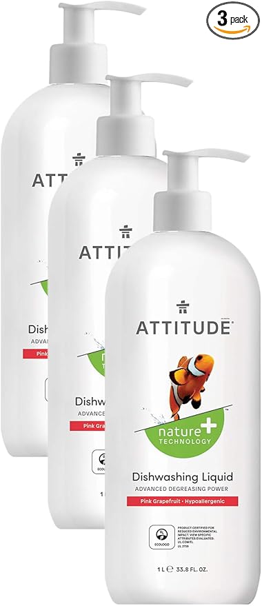 ATTITUDE Liquid Dish Detergent, Plant- and Mineral-Based Ingredients, Effective Dishwashing Soap Formula, Vegan and Cruelty-free, Pink Grapefruit, 33.8 Fl Oz (Pack of 3)