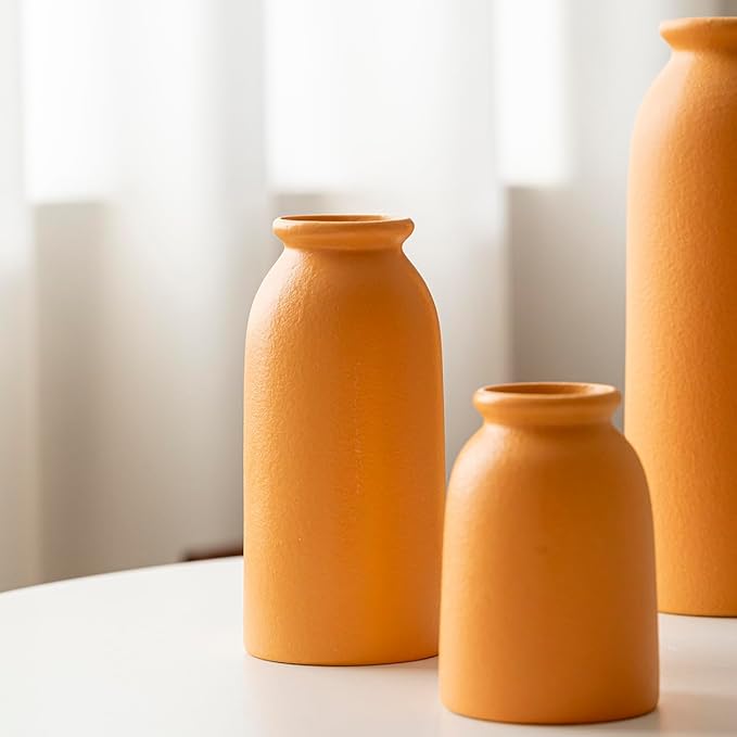 Ceramic Vase Set-3, Small Flower Vases for Decor, Modern Boho Farmhouse Style, Decorative Vases for Pampas Grass & Dried Flowers, Distressed Finish (Orange)