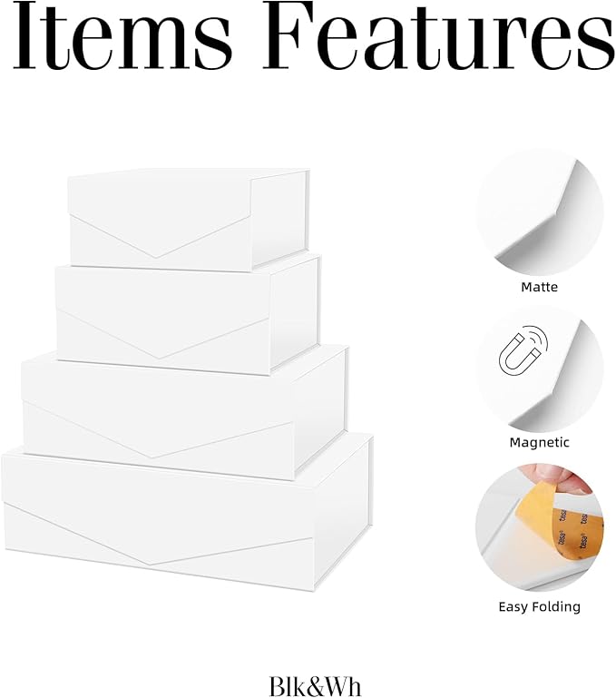 BLK&WH Magnetic Gift Boxes with Lids, Set of 4 White Presents Boxes Assorted Sizes for Birthday, Wedding, Valentines, Christmas, Party, Baby Showers (Matte White)