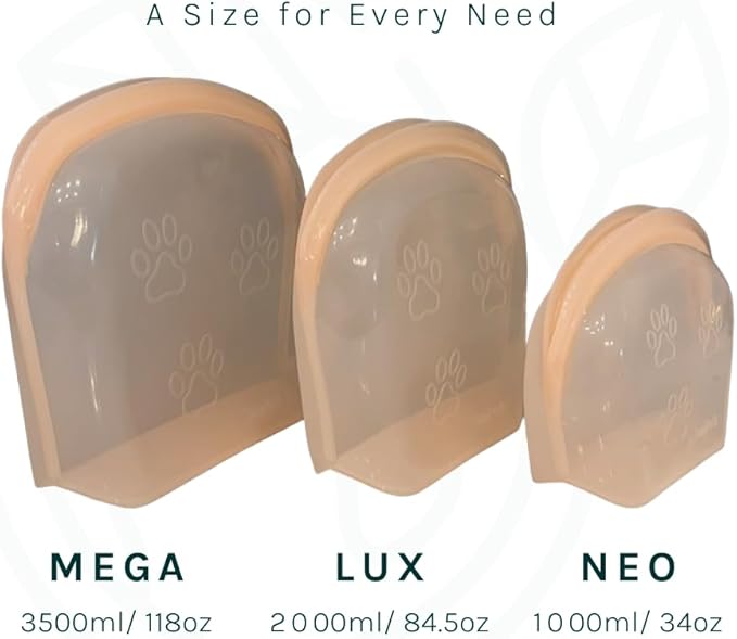 SnapPack Premium Silicone Reusable Pet Storage Stand-Up Bags, Peach, Pet Trio Set, Microwave, Dishwasher, Oven and Freezer Safe, BPA Free, Leak-free, and Eco-friendly |1000ml, 2000ml, 3500ml Set