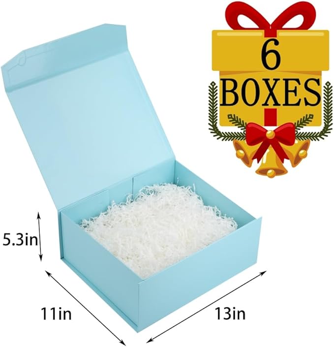 6 Pcs Blue Gift Boxes Large 13x11x5.3 Inch Magnetic Gift Boxes with Crinkle Paper for Presents