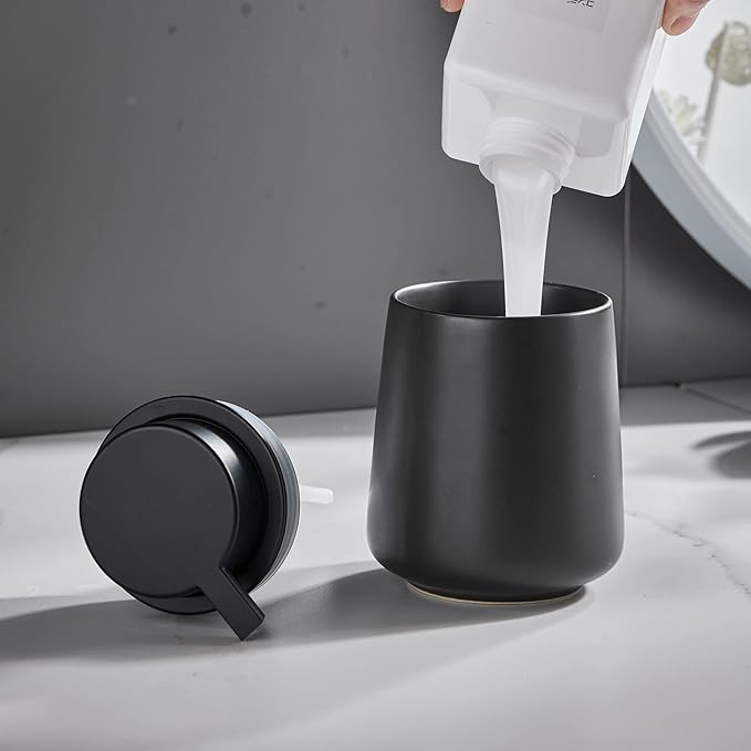 12Oz Black Soap Dispenser - Modern Ceramic Lotion Hand Soap Dispenser with Easy-to-Press Black Pump, Reusable and Refillable Liquid Dish Soap Dispenser for Bathroom & Kitchen
