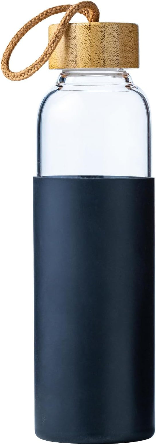 21oz Glass Water Bottle with Silicone Sleeve & Bamboo Lid, BPA Free Reusable Water Bottle Glass for Gym Office Travel, Gift for Fitness Enthusiasts (Black)