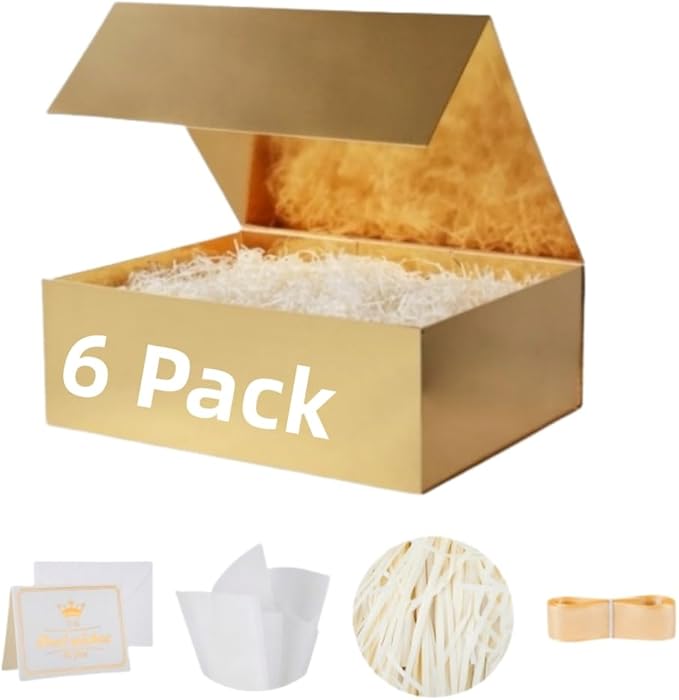 UoeRing 6 Pack Gold Gift Box 11.5x8x4 inch Luxury Gift Box for Presents with Magnetic Lid Collapsible,Bridesmaid Proposal,Contains Card, Ribbon, Tissue Paper,Shredded Paper Fille