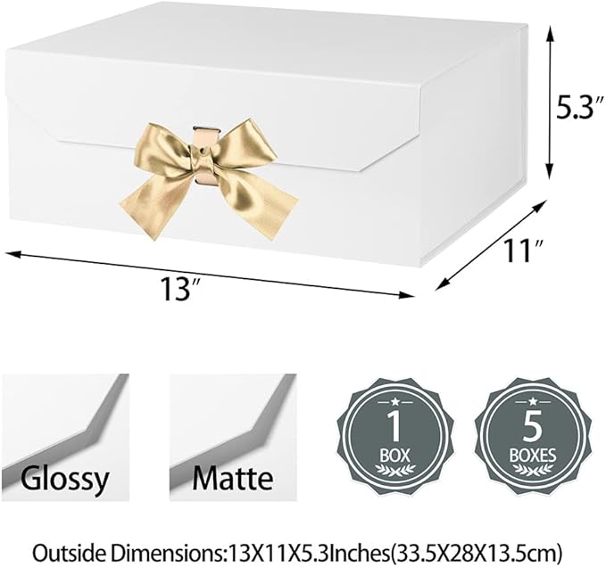 White Large Collapsible Gift Box 13x11x5.3 Inches, Rectangle with Lid Magnetic Closure, Christmas Box for Men's Shoes (Matte White)