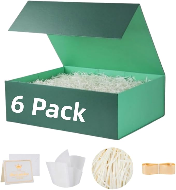 UoeRing 6 Pack Green Gift Box 11.5x8x4 inch Luxury Gift Box for Presents with Magnetic Lid Collapsible,Birthday,Christmas,Contains Card, Ribbon, Tissue Paper,Shredded Paper Fille