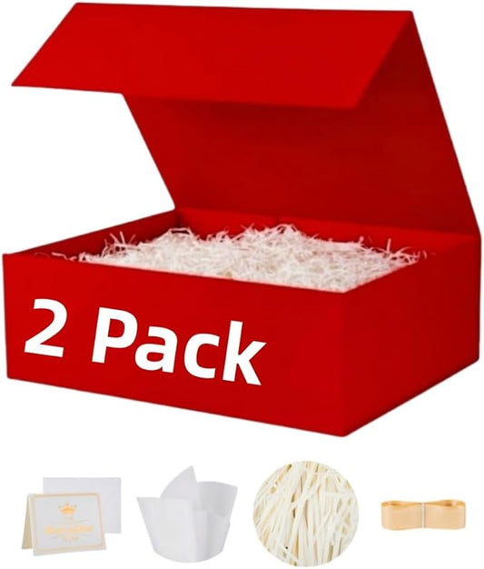 UoeRing 2 Pack Red Gift Box Large 13.5x11.8x4.7 inch Luxury Gift Box for Presents with Magnetic Closure Lid Collapsible,Birthday,Christmas,Contains Card, Ribbon, Tissue Paper,Shredded Paper Filler