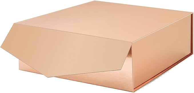 Gift Box with Lid 9x9x3.4 Inches, Rose Gold Bridesmaid Proposal Box with Magnetic Closure for All Occasion (Glossy Rose Gold)
