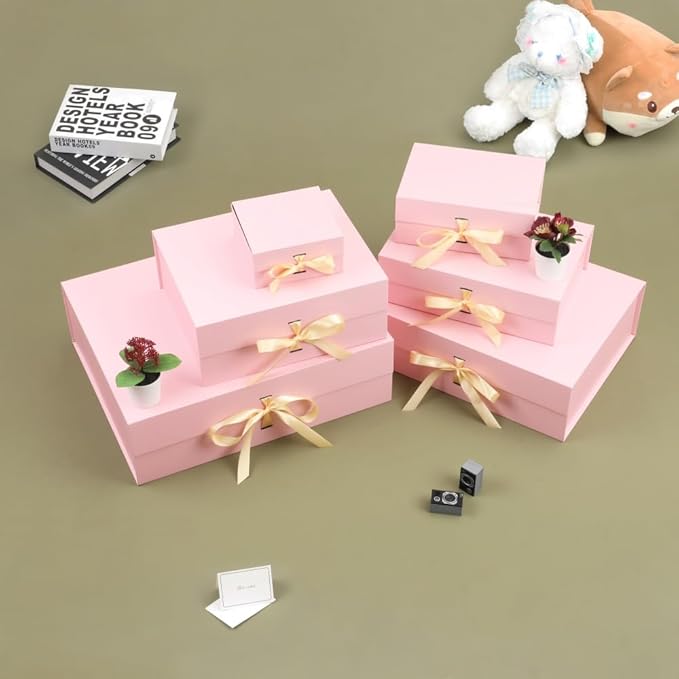 BoxSkivra Pink Gift Box with Ribbon 1 Pack 6X6X3 Inch Small Gift Box with Lid Magnetic Closure Rectangle Collapsible Luxury GiftBox for Mother's Day、Birthdays、Shredded Paper Filler & Card