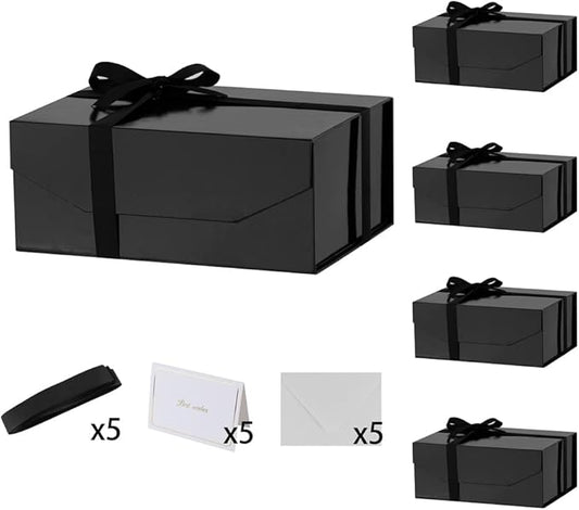 5PCS Black Gift Box with Ribbon 9.5x7x4 Inches，Sturdy Gift Box with Lid for Gift Packaging, Foldable Magnetic Closure Storage Boxes, Bridesmaid proposal box, Rectangle Collapsible Box
