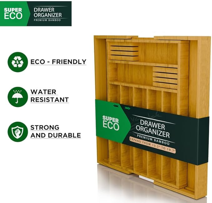 Bamboo Kitchen Drawer Organizer - Bamboo Expandable Drawer Organizer Utensil Holder & Cutlery Tray - Adjustable Wood Drawer Dividers Organizer for Silverware, Flatware, Knives (9 Slot)