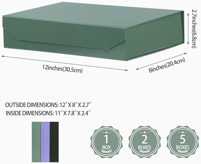 5 Pack Green Gift Boxes with Lids - Small 12 x 8 x 2.7 Inches Clothes Gift Boxes for Presents and Shirts - Magnetic Boxes with Ribbon - Bulk Cute Packaging Boxes (Glossy Surface)