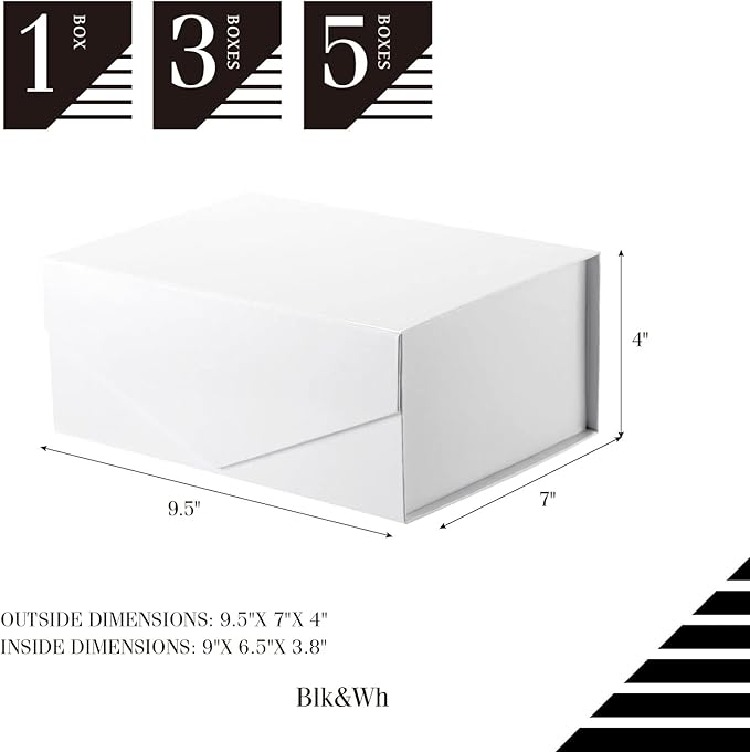 BLK&WH Gift Box 9x6.5x3.8 Inches, White Gift Box, Bridesmaid Proposal Box, Collapsible Box with Magnetic Closure Lid for Gift Packaging (Glossy White)
