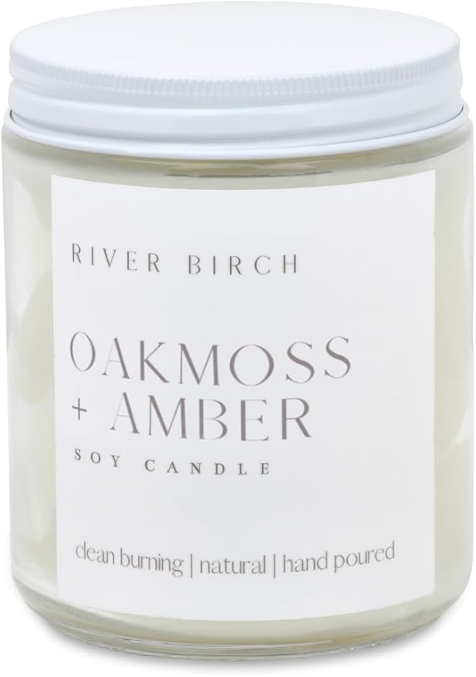 River Birch Candles Oakmoss + Amber Scented Candle | Premium, All-Natural, Non-Toxic, Soy Wax | 8.5oz 40 Hr Burn Time | Cozy Relaxing Gifts for Home