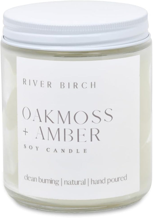 River Birch Candles Oakmoss + Amber Scented Candle | Premium, All-Natural, Non-Toxic, Soy Wax | 8.5oz 40 Hr Burn Time | Cozy Relaxing Gifts for Home