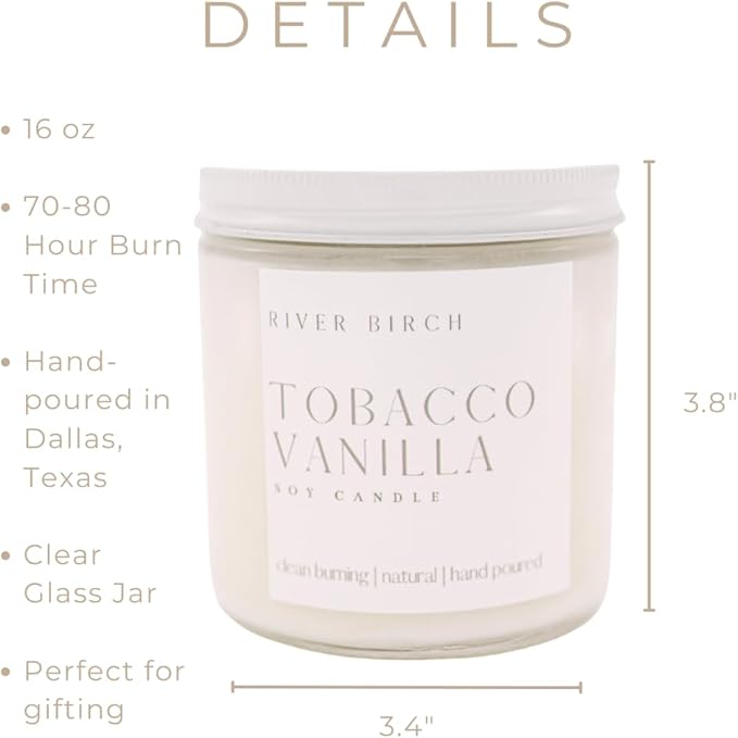 River Birch Candles Tobacco Vanilla Scented Candle | Premium, All-Natural, Non-Toxic, Soy Candles | 16oz 90 Hr Burn Time | Cozy Relaxing Gifts for Home