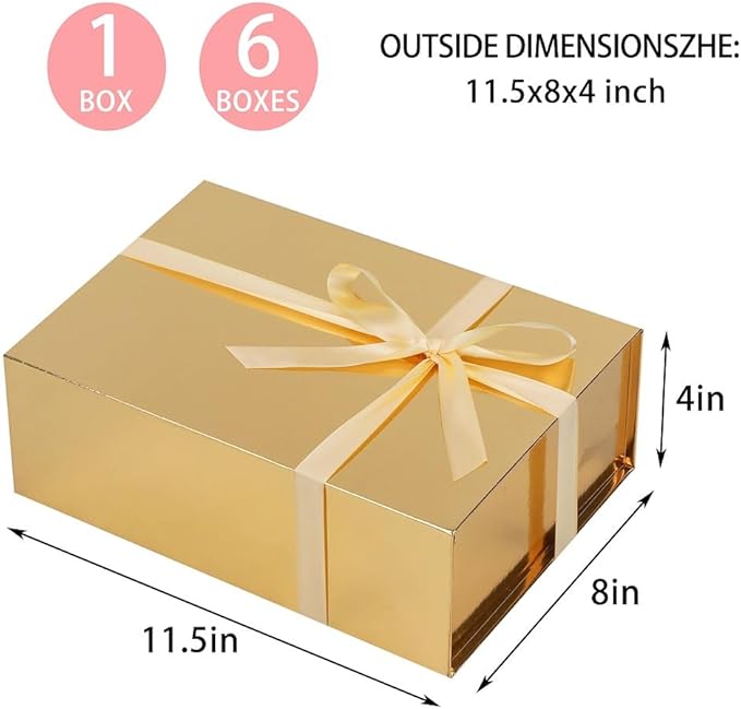 UoeRing 1 Pcs Gold Gift Box 11.5x8x4 inch Luxury Gift Box for Presents with Magnetic Lid Collapsible,Birthday,Christmas,Contains Card, Ribbon, Tissue Paper,Shredded Paper Fille