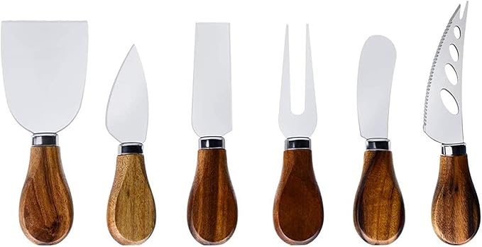 Premium 6-Piece Cheese Knife Set - Acacia Wood Handle Stainless Steel Cheese Knives for Charcuterie Board