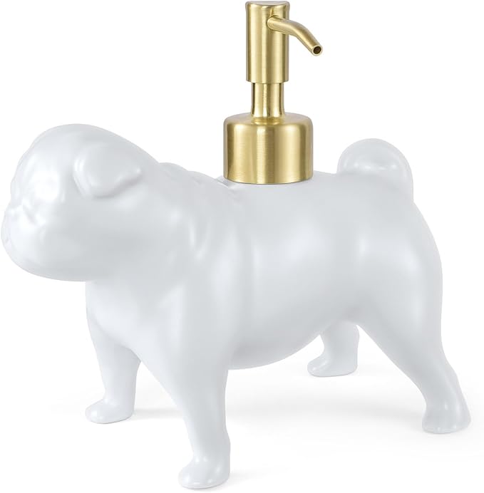 Pug Shaped Soap/Lotion/Hand Sanitizer Dog Lover Stainless Steel Pump Dispenser for Dog Gifts, Refillable for Kitchen and Bathroom(White)
