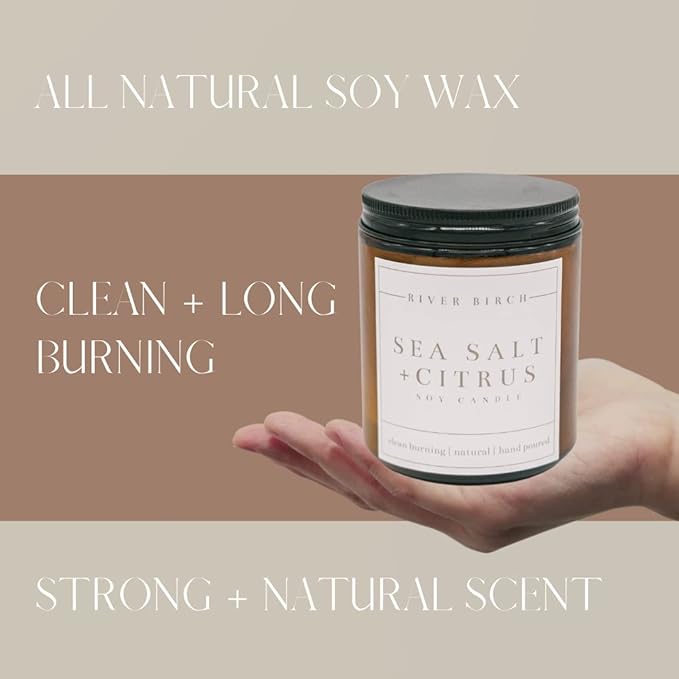 River Birch Candles Sea Salt & Citrus Scented Candle | Premium, All-Natural, Non-Toxic, Soy Amber Jar Candles | 8.5oz 40 Hr Burn Time | Cozy Relaxing Gifts for Home
