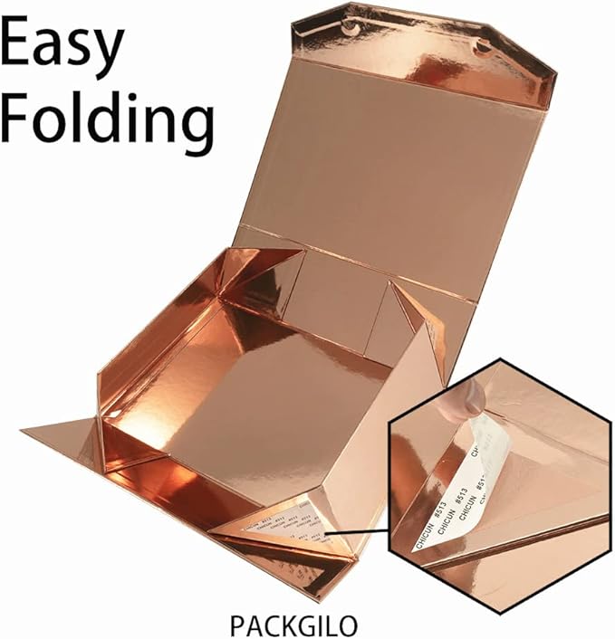 5 Rose Gold Large Gift Boxes with Lid 13x9x4 Inches, Bridesmaid Proposal Boxes, Hard Collapsible Gift Box with Magnetic Closure, Groomsman Box Reusable Gift Box for Cloth (Glossy Rose Gold)