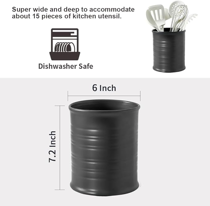Nihow Kitchen Utensil Holder: 7.2 Inch Extra Large Ceramic Utensil Holder for Countertop - Stable Utensil Crock for Kitchen Counter Decor - Matte Black (1PC)