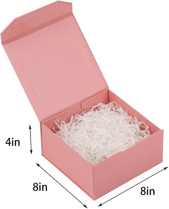 1 Pcs Pink Magnetic Gift Box 8x8x4 Inch with Crinkle & Shredded Paper, Luxury Lid Gift Box for Presents