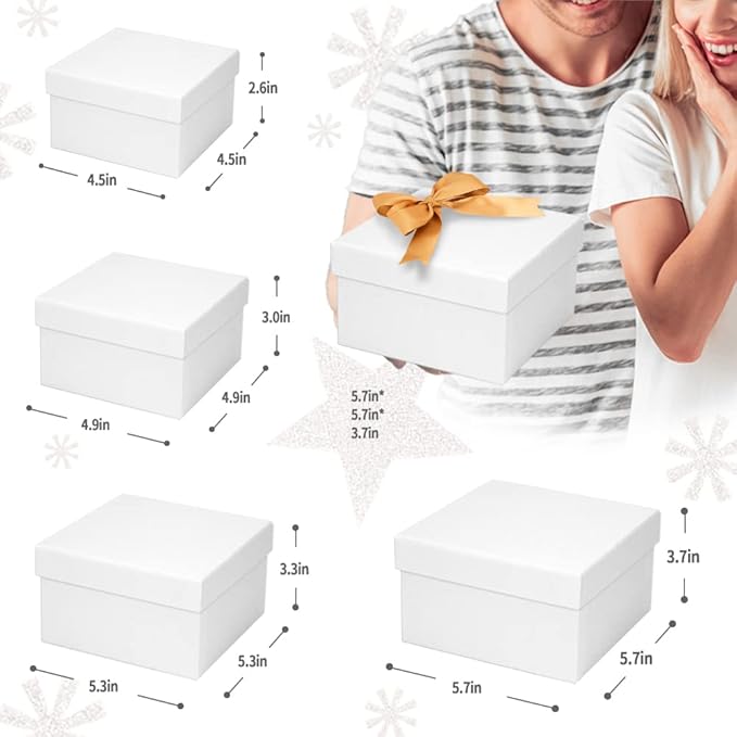 Bengnkes White Gift Box Small Gift Boxes with Lids for Presents 4 Packs Square Luxury Nesting Gift Boxes with 17ft Ribbon for Birthday Bridesmaid Wedding Christmas Proposal