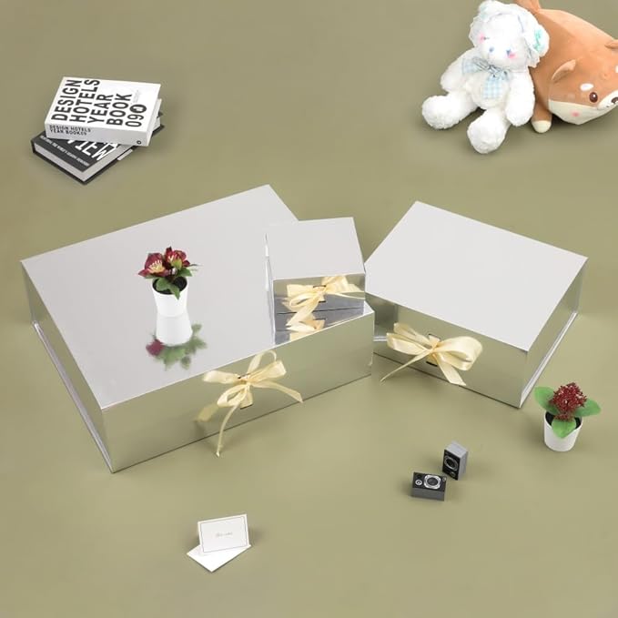 Extra Large Magnetic Gift Box with Lids 3 Pack 19x16x6 Inch Silver Large Gift Box with Ribbon Foldable Gift Boxes for Presents Jumbo Box with Shredded Paper & Cards for Groomsman Proposal