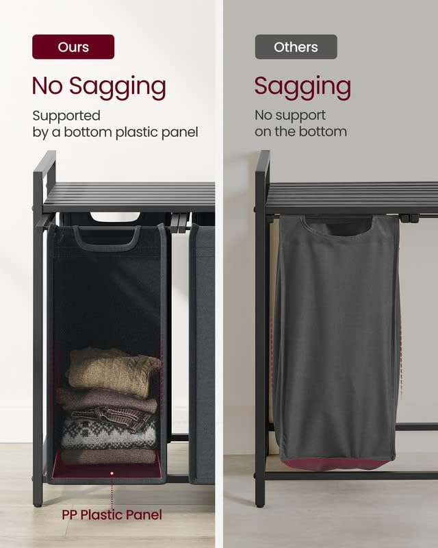 VASAGLE Laundry Hamper, Laundry Basket, Laundry Sorter with 3 Pull-Out and Removable Bags, Shelf, Metal Frame, 3 x 10.6 Gallons (40 L), 36.4 x 13 x 28.4 Inches, Slate Gray and Charcoal Gray UBLH301G01