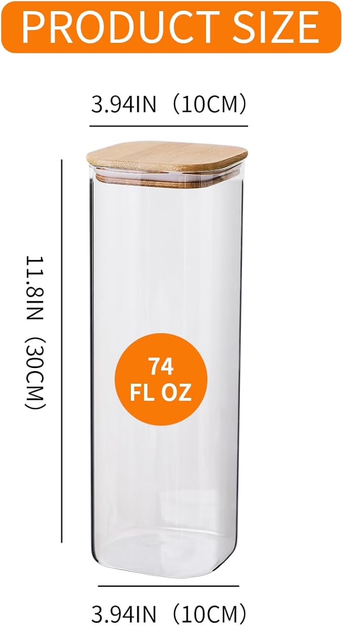Glass Jars with Bamboo Lids 3 Pack, 74 Oz Airtight Square Storage Container, High Borosilicate Glass Kitchen Canisters for Soild food, Nuts/Cookies/Sugar/Pasta