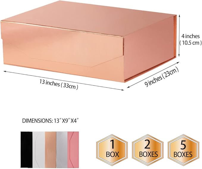 5 Rose Gold Large Gift Boxes with Lid 13x9x4 Inches, Bridesmaid Proposal Boxes, Hard Collapsible Gift Box with Magnetic Closure, Groomsman Box Reusable Gift Box for Cloth (Glossy Rose Gold)