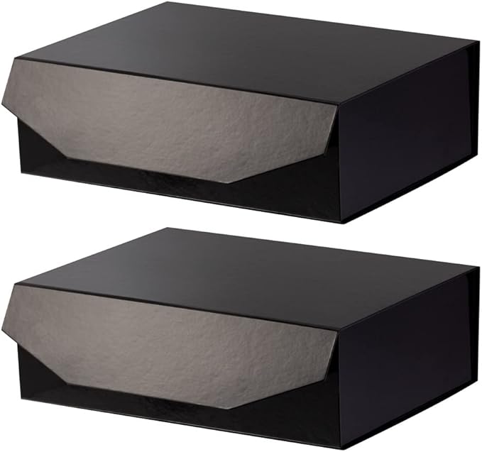 2 Black Large Collapsible Gift Box with Lid 13x9x4 Inches, Bridesmaid Proposal Box, Hard Box with Magnetic Closure, Groomsman Box Reusable Gift Box for Clothes (Glossy Black)