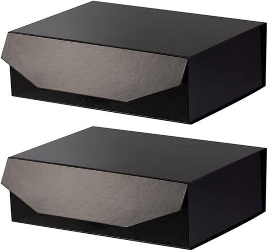 2 Black Large Collapsible Gift Box with Lid 13x9x4 Inches, Bridesmaid Proposal Box, Hard Box with Magnetic Closure, Groomsman Box Reusable Gift Box for Clothes (Glossy Black)