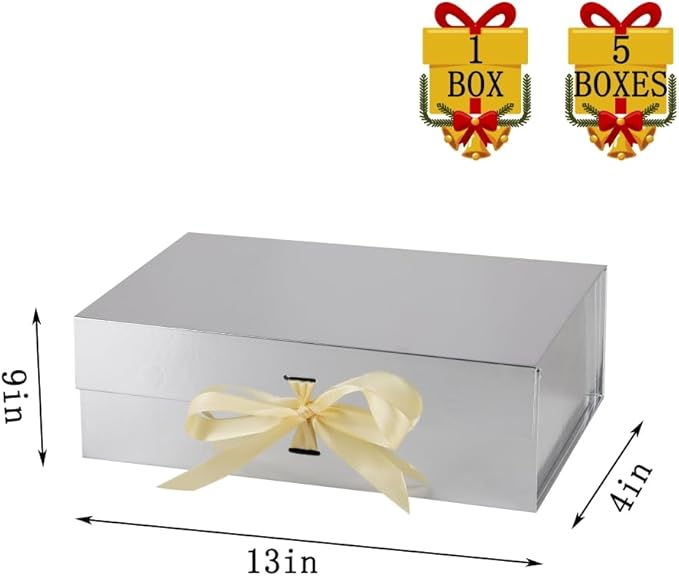 BoxSkivra Large Silver Gift Box With Ribbon - 13x9x4 Inch With Lid, Magnetic Closure, Collapsible, Luxury for Wedding Gifts - Includes Shredded Paper Filler & Card