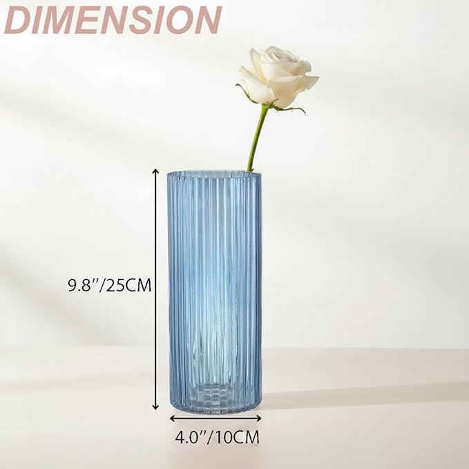 Blue Glass Vase, Glass Flower Vase, Ribbed Glass Vases, Blue Vase, Tall Cylinder Vases for Centerpieces, Living Room, Bedroom, Dining Table, Office, Wedding, Bookshelf Decoration, 10 Inches