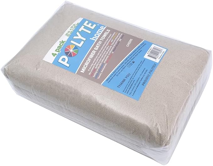 POLYTE Microfiber Quick Dry Lint Free Bath Towel, 57 x 30 in, Pack of 4 (Beige)