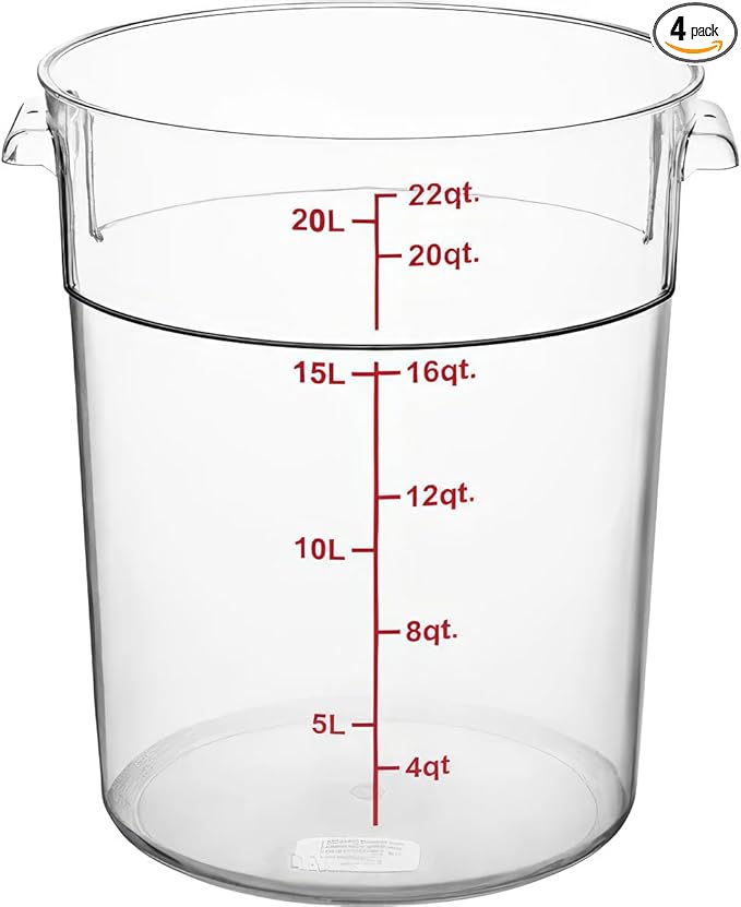 22 Qt Commercial Food Storage Container with Lid Set - Clear Round Polycarbonate with Red Graduations, NSF Listed, BPA-Free for Restaurant Kitchen Organization (4)