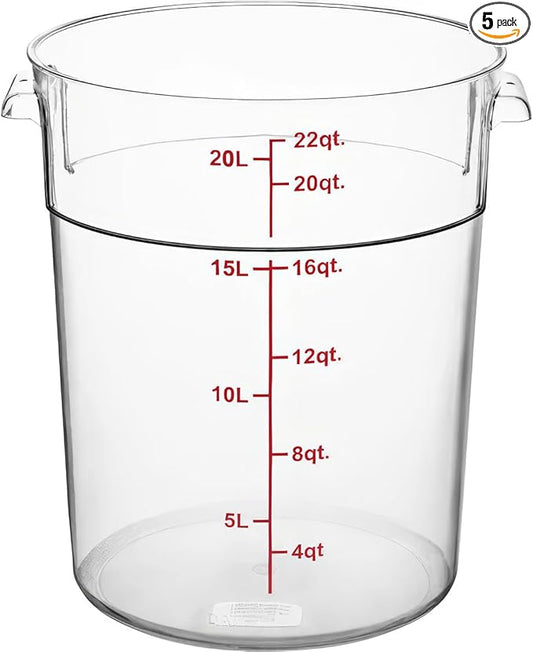 22 Qt Commercial Food Storage Container with Lid Set - Clear Round Polycarbonate with Red Graduations, NSF Listed, BPA-Free for Restaurant Kitchen Organization (5)