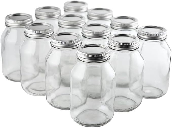 FastRack 32 oz Wide Mouth Mason Jars with Lids – Pack of 12 Quart Canning Jars for Food Storage, Pickling, Fermentation, Crafts – Reusable Airtight Large Glass Mason Jar with 1 Black Cap Gripper