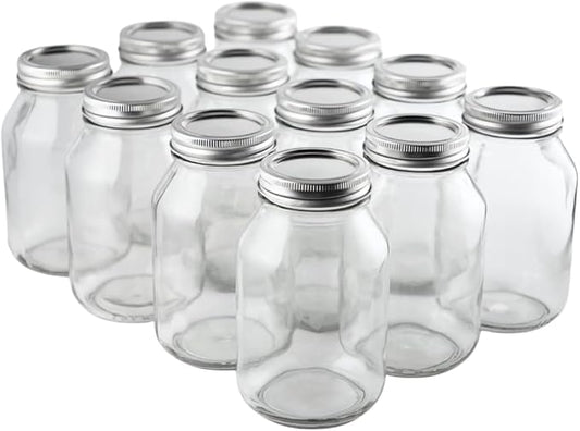 FastRack 32 oz Wide Mouth Mason Jars with Lids – Pack of 12 Quart Canning Jars for Food Storage, Pickling, Fermentation, Crafts – Reusable Airtight Large Glass Mason Jar with 1 Black Cap Gripper