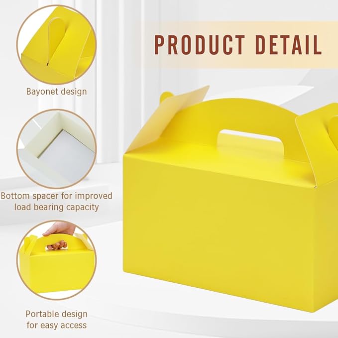 12Pack Large Party Favor Boxes,Yellow Treat Boxes,XiePiPiPaper(9.45*5*5"),Large Goodie Boxes, Gable Gift Boxes with Handles,Candy Boxes for Kids Birthday Baby Shower Wedding Halloween Christmas.