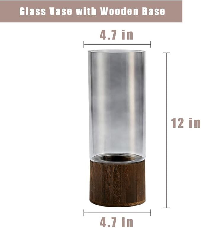 Artistic Wood Glass Vase, 12" H, Large Wooden Base Cylindrical Flower Vase, Classic Boho Rustic Style for Fireplace Bedroom Kitchen Living Room Centerpieces Office Desk