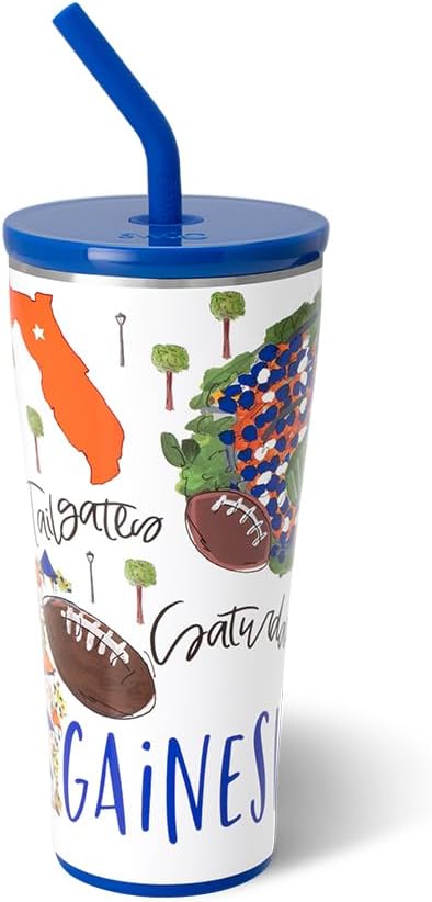 Swig Life 32oz Straw Tumbler, Travel Coffee Tumbler with Lid, Cup Holder Friendly Travel Coffee Mug, Stainless Steel, 32 oz Reusable Insulated Coffee Mug (Saturdays In Gainesville)