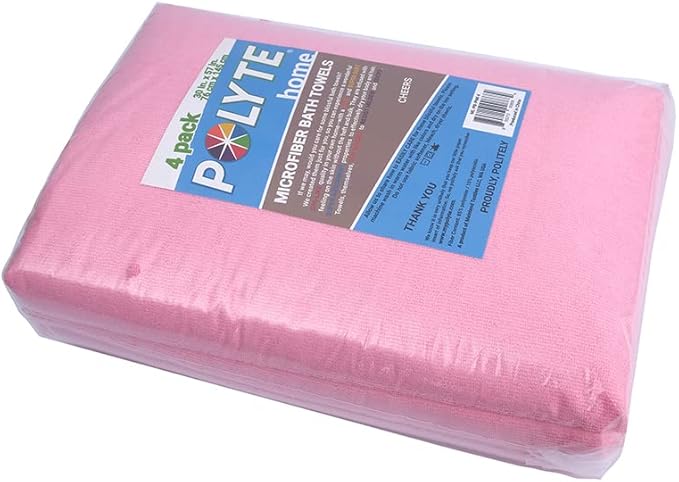 POLYTE Microfiber Quick Dry Lint Free Bath Towel, 57 x 30 in, Pack of 4 (Pink)