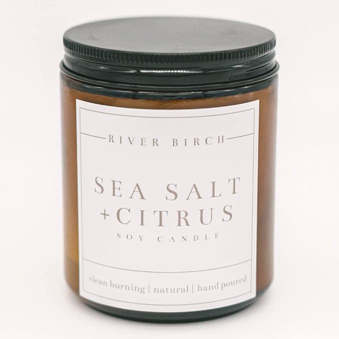 River Birch Candles Sea Salt & Citrus Scented Candle | Premium, All-Natural, Non-Toxic, Soy Amber Jar Candles | 8.5oz 40 Hr Burn Time | Cozy Relaxing Gifts for Home