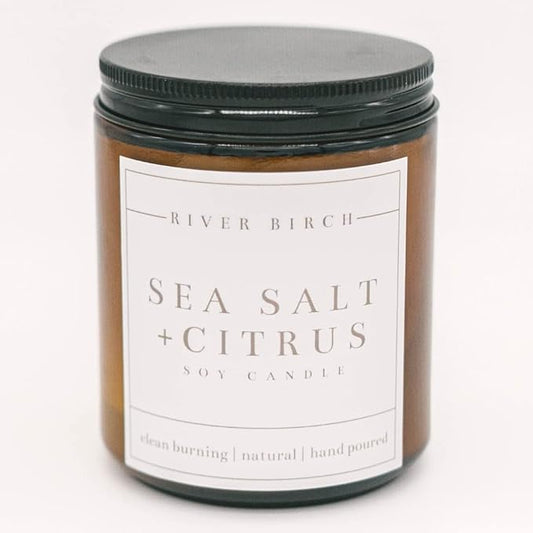 River Birch Candles Sea Salt & Citrus Scented Candle | Premium, All-Natural, Non-Toxic, Soy Amber Jar Candles | 8.5oz 40 Hr Burn Time | Cozy Relaxing Gifts for Home